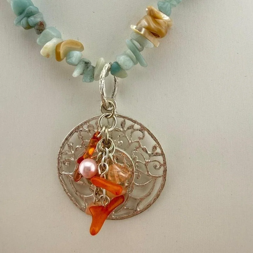 Silver Tone Necklace Mother of Pearl Stone Filigree Medallion Boho Pendant